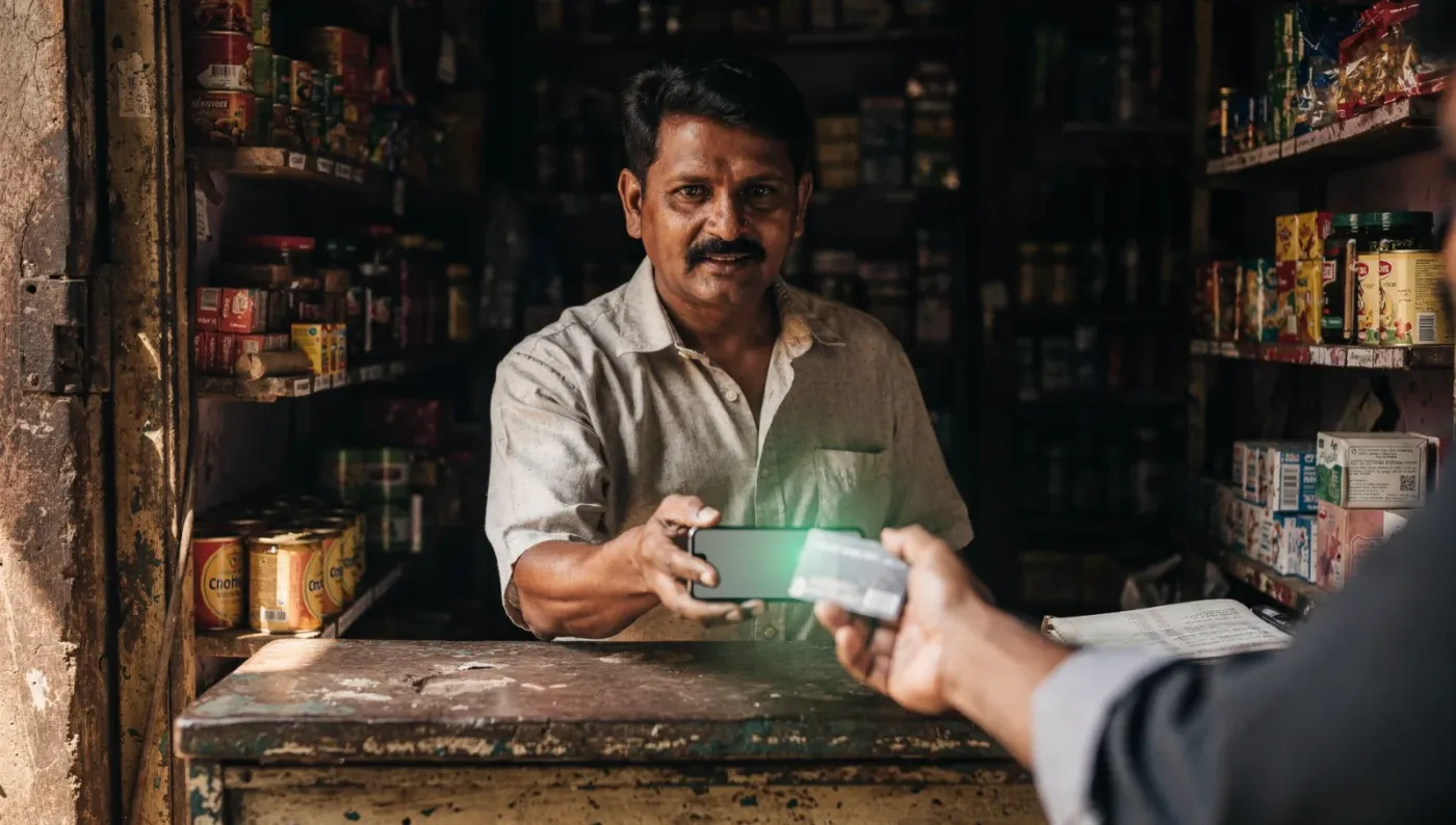 A shopkeeper holds out a phone while a customer taps a card against it